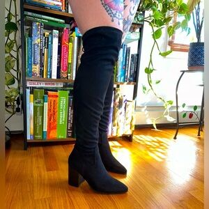Thigh high suede black heeled boots